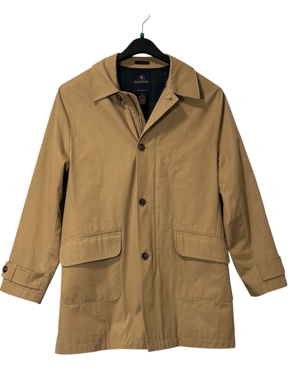 Brooks Brothers Tan Trench Coat with Flap Pockets Mens Size Small Plaid Lining